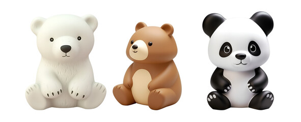 Children’s Plastic Bath Toy Collection: Cute 3D Rendered Polar Bear, Panda, and Grizzly Bear Set, Isolated on Transparent Background, PNG