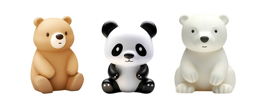 Banner for Children’s Cute Bear Set: 3D Rendered Plastic Bath Toys of Polar Bear, Panda, and Grizzly, Isolated on Transparent Background, PNG
