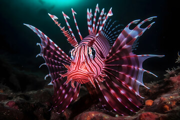 Naklejka na ściany i meble Red lionfish - one of the dangerous coral reef fish. Neural network AI generated art