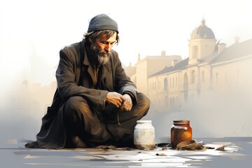 illustration of a homeless beggar sitting on the street and begging for money - obrazy, fototapety, plakaty