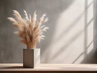 pampas grass in square stone vase on a minimalistic background - obrazy, fototapety, plakaty