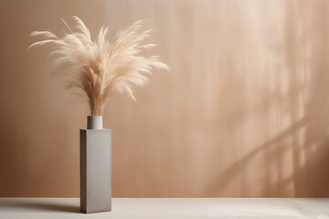 square stone vase with pampas grass on a minimalistic beige background - obrazy, fototapety, plakaty