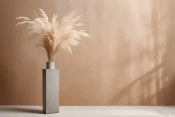 Fotobehang square stone vase with pampas grass on a minimalistic beige background © Ocharonata