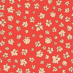 Abstract flower head seamless repeat pattern. Random placed, vector botany with outlines all over surface print on orange background.