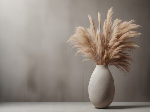 pampas grass in a round stone vase on a minimalistic background