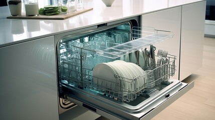 A modern dishwasher with a transparent door displaying perfectly clean dishes.