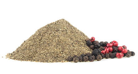 Pile of ground black pepper and peppercorns isolated on a white background