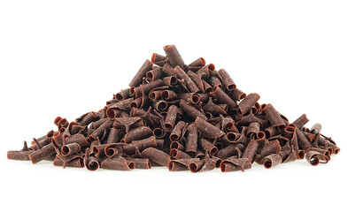 Pile of chocolate curls isolated on a white background. Chocolate flakes.