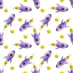 Rocket and stars on a white background seamless pattern background 3d render. Used for print, wallpaper, decoration, fabric, textile. Three-dimensional texture.