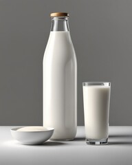 Bottle of milk and glass of milk with a bowl of cottage cheese on a gray background.