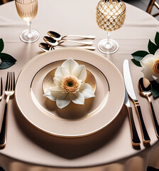 Decorated with flowers table setting for a dinner in a restaurant - 686358174