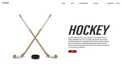 A web banner with 3D realistic hockey sticks and puck on a white background with text. A concept for sports betting. - obrazy, fototapety, plakaty