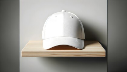 White blank baseball hat on wooden shelf mock up, product photo background, template