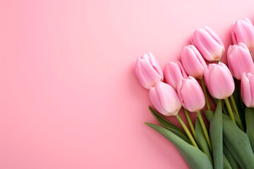 pink tulips on pink soft backdrop, copy space