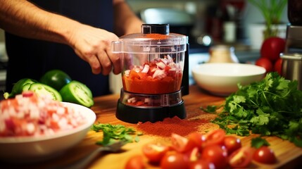 A powerful food processor chopping ingredients for a homemade salsa.