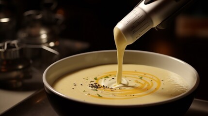 A powerful immersion blender pureeing a creamy soup. - obrazy, fototapety, plakaty