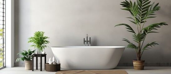 Fototapeta premium Green plants and white wall complement modern ceramic bathtub in room