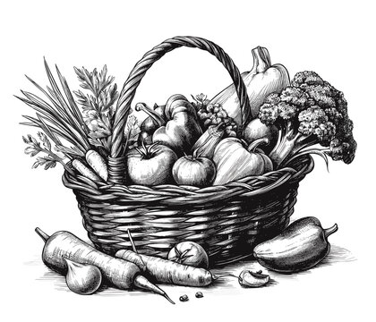 Basket with vegetables and fruits. Tomatoes, cucumbers, apples, carrots, pumpkin