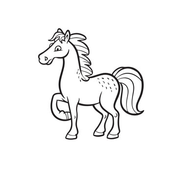 horse isolated on white, Carton horse, black and white illustration, and coloring page on a white background. line drawing style