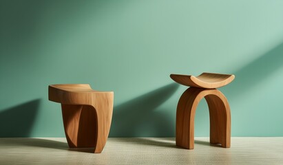 Wooden chairs on the background of a green wall