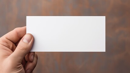 Fototapeta premium a man's hand holding a blank, simple white business card design mockup, the absence of text and the potential for business branding against a light background.