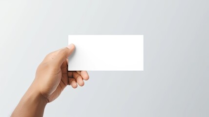 Obraz premium a man's hand holding a blank, simple white business card design mockup, the absence of text and the potential for business branding against a light background.