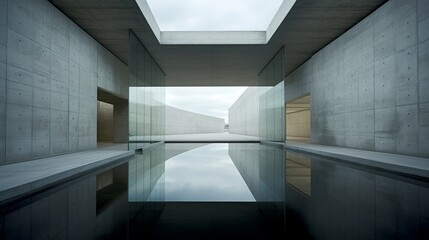 modern architecture, consistent minimalism, finest exposed concrete, geometric shapes, Japanese tradition, copy space, 16:9