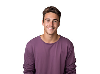 portrait of a happy man with a friendly smile in purple shirt, pleasant, cheerful, positive joyful person