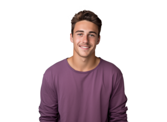 portrait of a happy man with a friendly smile in purple shirt, pleasant, cheerful, positive joyful person