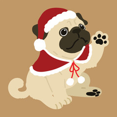 Simple and cute Christmas illustration of Pug waving hand
