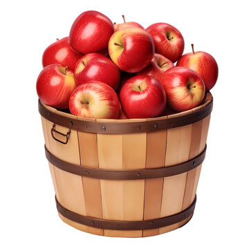 Apples in wooden barrel isolated on transparent background