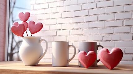 the Valentine's Day concept, Feature hearts and two cups arranged artfully on a white bricks background, a warm and romantic ambiance with soft lighting to enhance the emotional appeal.