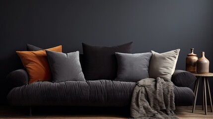 black corduroy cushions, the texture and details of the corduroy material to convey a realistic and cozy atmosphere.