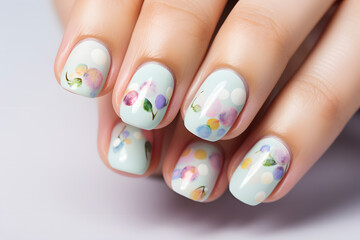 A close-up of Easter-themed nail art with pastel colors and tiny egg designs.