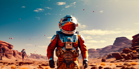 Man in orange space suit walking through the desert with mountains in the background. - Powered by Adobe