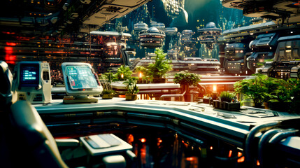 Futuristic city with lot of plants and lot of tables and chairs.
