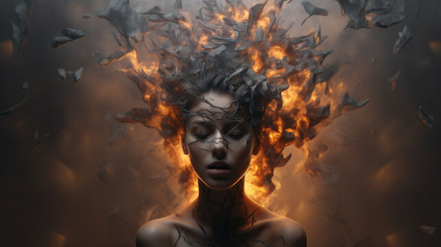 Surreal image of a woman with a fiery crown and leaves, depicting a fierce force