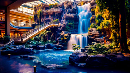 Waterfall in the middle of pool with waterfall in the middle of it.