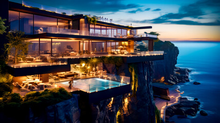 House on cliff with pool in the middle of the cliff.