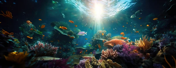 Deurstickers Tropical sea underwater fishes on coral reef. Aquarium oceanarium wildlife colorful marine panorama landscape nature snorkel diving. AI Generative. © Mix and Match Studio