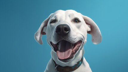 Funny portrait of happy white dog with opened mouth on Isolated blue background