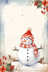 Christmas card representing happy snowman. Happiness and gift concept. Christmas illustration. Space for text.