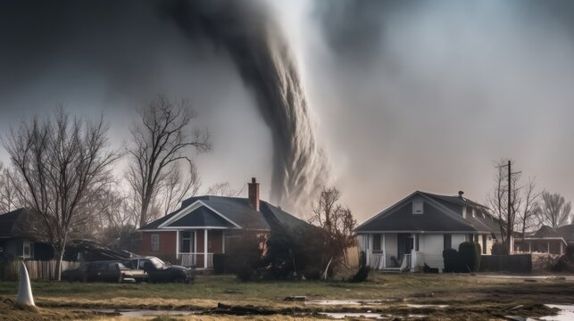 Dangerous tornado over a rural road in the United States.