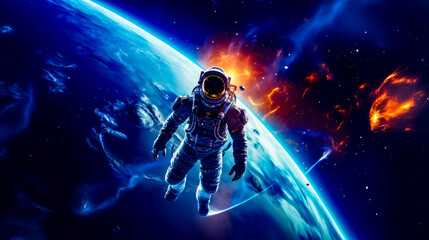 Man in space suit floating in front of blue planet with star in the background.