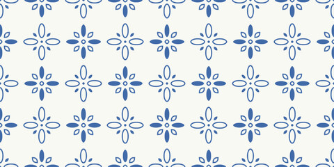 Floral geometric pattern. White and blue ornament. Print for fabric, wallpaper, packaging. Decorative print.