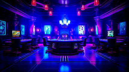 Obraz premium Brightly lit casino room with poker table and casino chips on the table.