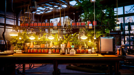 Table topped with lots of potted plants next to wall of lights.