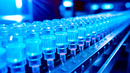 Obraz premium Row of bottles filled with liquid on top of conveyor belt.