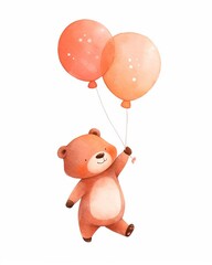Cute bear on balloons illustration isolated on white, cute nursery cartoon character design. - obrazy, fototapety, plakaty