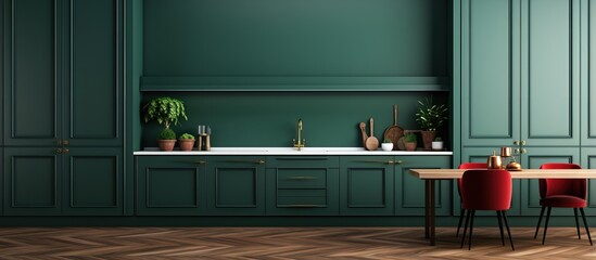 illustration of a classic minimal green kitchen with wooden flooring